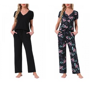 INSPIRE CHIC Women's 2 Pcs Short-Sleeve V-neck Tee & Drawstring Pants Pajama Sets with Pockets - 1 of 4