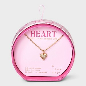 14K Gold Dipped Cubic Zirconia Heart Pendant Necklace - A New Day™ Gold - 1 of 4