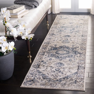 Ivory and Blue Handmade Wool Runner Rug, 2'2" x 6'