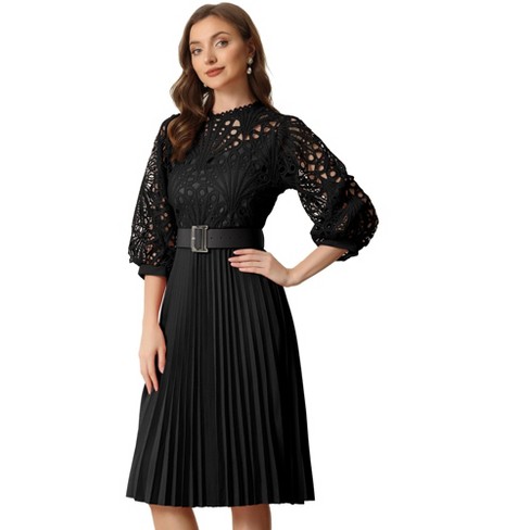 Allegra K Women's Floral Lace Panel 3/4 Sleeves Belted A-line