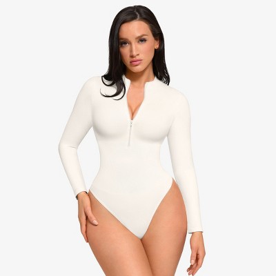 Feelingirl Women's Zipper Up Deep V Neck Bodysuits for Women Long Sleeve Shapewear Bodysuit