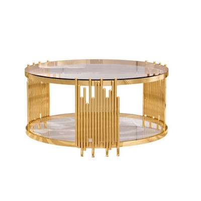 Dolonm Round Glass Coffee Table for Living Room - 35.43" Modern Center Table with Gold Legs & Tempered Glass Top, Stainless Steel Base