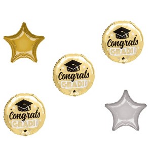 LOONBALLOON Graduation Grad Theme Balloon Set, 3x pcs Standard Congrats Grad Shiny Gold  Balloon, Star Foil - 1 of 1