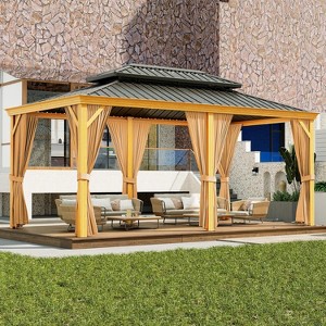 Gazebo 12x20ft Hardtop - Outdoor Metal Roof Sun Shade Tent with Netting & Curtains (Brown) - 1 of 4