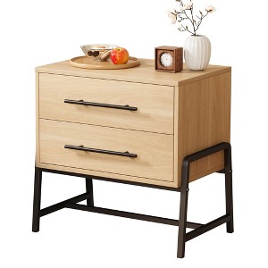 Farmhouse Nightstand with Drawers, Light Wood Side Table with Metal Legs - 1 of 4