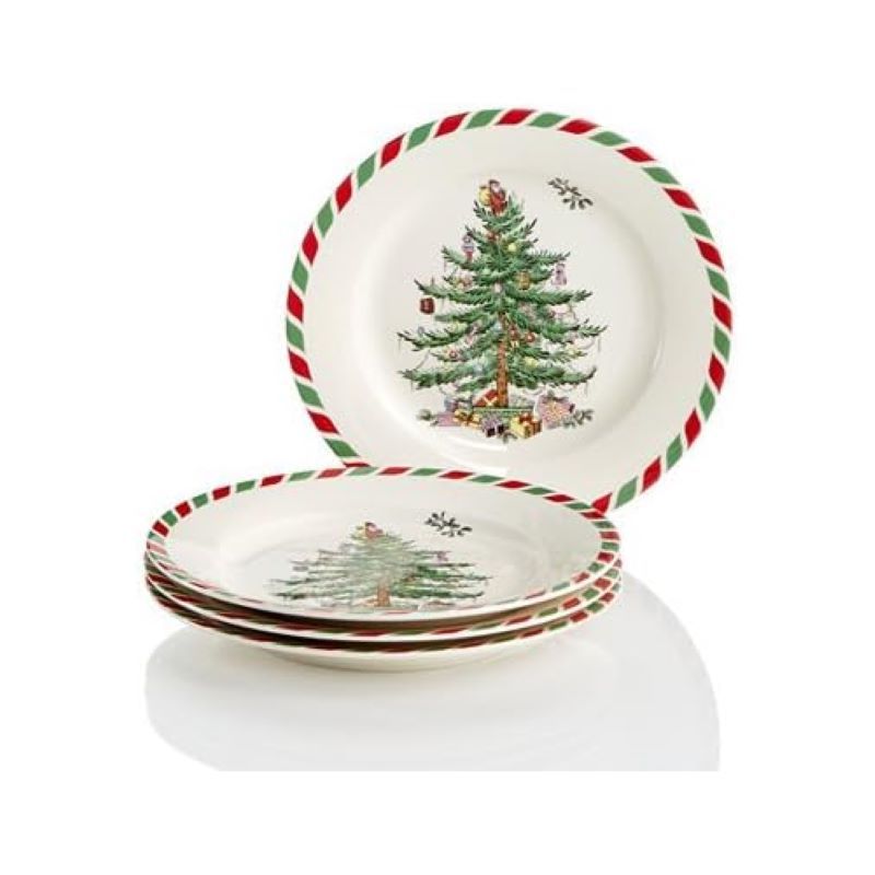 Spode Christmas Tree Collection Set of 4 Appetizer Plates, Candy Cane Border Measures at 8-Inches, Dishwasher and Microwave Safe, 1 of 5