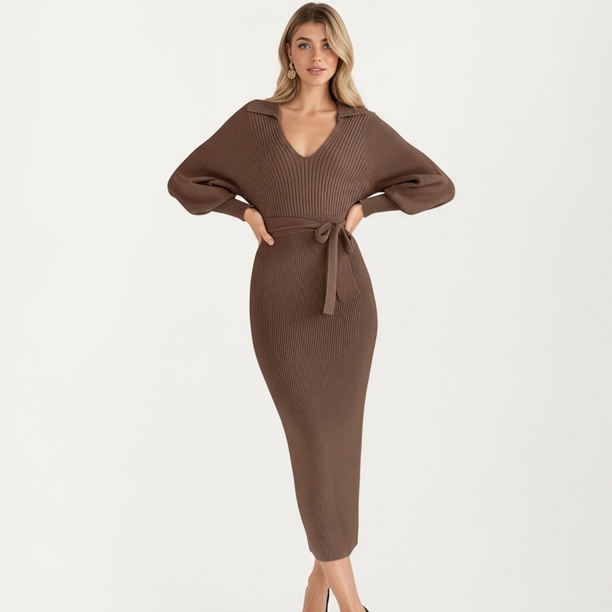 Anna-Kaci Women's Long Sleeve Ribbed Knit Design Midi Dress with V-Neck and Waist Tie