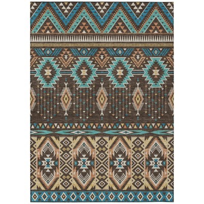 Brown Teal Blue And Coral Aztec Washable Indoor Outdoor Area Rug
