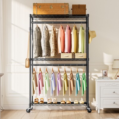 Heavy Duty Rolling Clothes Rack - 3-Tier Adjustable Garment Rack with Wheels, Side Hooks & Shelves - Perfect for Home & Retail - Black