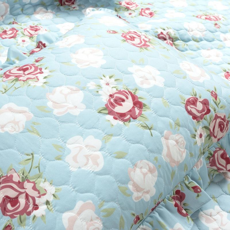 Cottage Floral Ruffle Reversible Oversized Quilt Set Blue/Blush - Lush Décor, 6 of 9