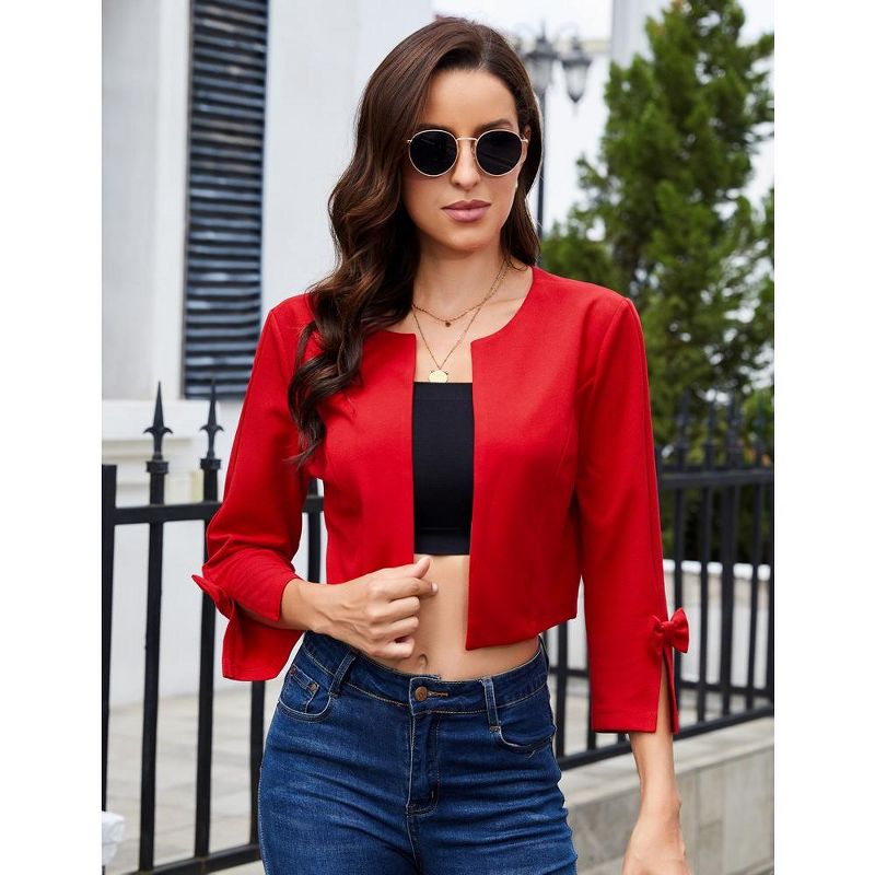 Womens Cropped Blazer Casual Bow Slit Cuff Open Front Collarless Lightweight Work Jacket Cardigan Shrug, 2 of 8