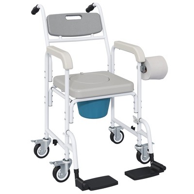 HOMCOM Shower Wheelchair, Commode Wheeled Chair with Seat, Backrest, Arms, Locking Wheels, for Seniors, Adults, Injured or Disabled, Gray