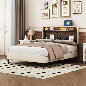 ?Full Size Linen Upholstered Platform Bed with Storage Headboard, Sensor Light, Sockets & USB Ports - 1 of 4
