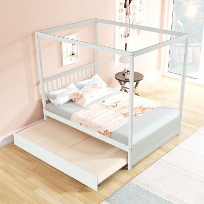 Whisen Full Size Canopy Bed with Twin Trundle, Kids Solid Wood Platform Bed Frame