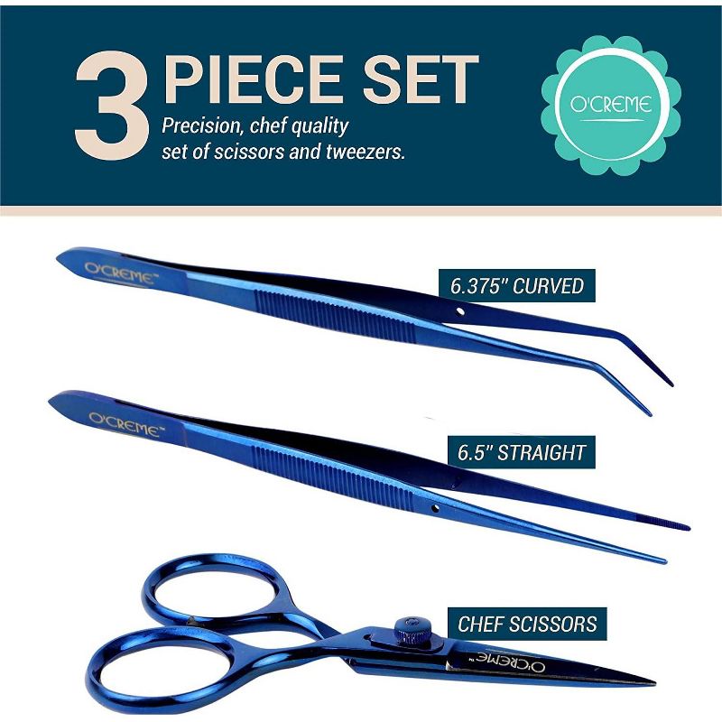 O'Creme Stainless Steel Precision Kitchen Culinary  Fine-Tip Tweezer Tongs Set, Total 3 Pieces (Blue), 2 of 5