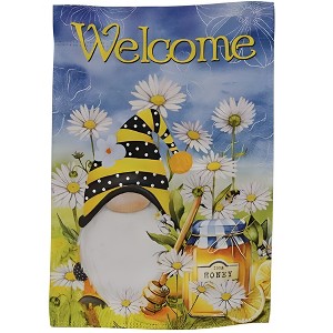 Slickblue "Welcome" Honeybee Gnome Flag – Black and Yellow Striped Hat, Honey Jar and Daisies, 18" x 12.5" - 1 of 4