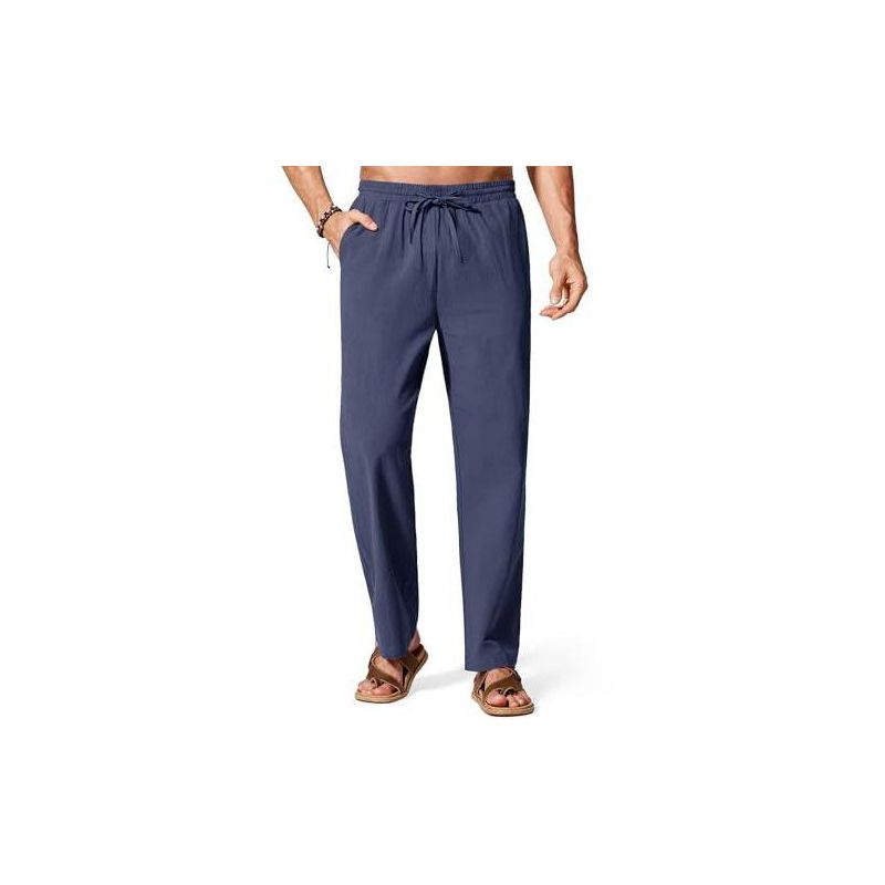 COOFANDY Men' s Summer Pants Loose Fit Cotton Linen Beach Pants Casual Drawstring Linen Pants for Men Navy Blue L