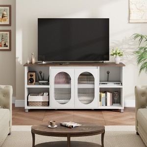 Retro TV Stand, 70 Inch Entertainment Center with Corrugated Glass Cabinet Doors, TV Stands with 4 Open Shelves & 2 Cabinets, White & Dark Brown - 1 of 4
