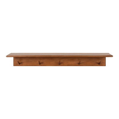 Walnut Brown 36" Floating Wood Shelf with Hooks