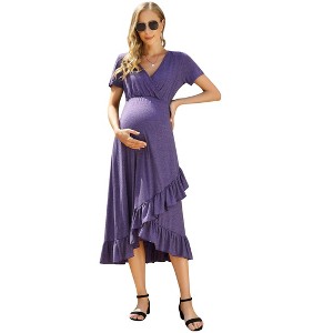 Coolmee Womens Summer Maxi Dress Short Sleeve High Low V-Neck Ruffle Flowy Party Long Sundress - 1 of 4