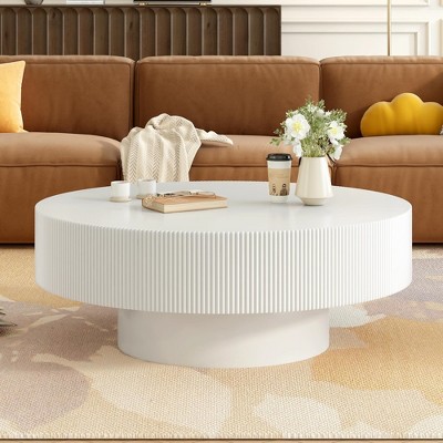 32"W Modern Round Coffee Table Cocktail Table Accent Table Drum End Table Minimalist Fluted Center Table, Easy Assembly, Black/White-ModernLuxe