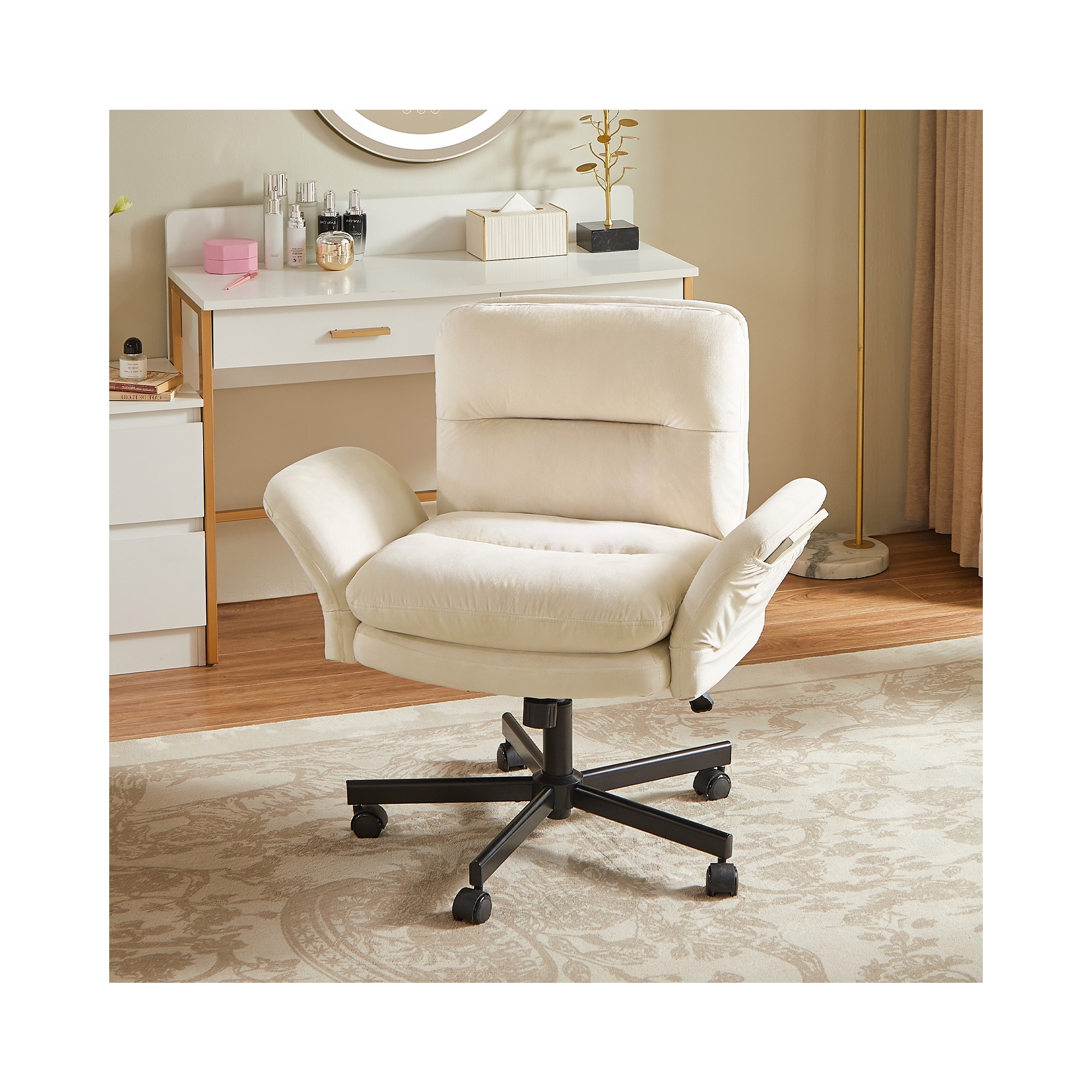 Bestier Criss Cross Chair with Armrests & Wheels, Ergonomic Cross Legged Office Chair Computer Task Chair, Desk Chair for Home Office & Vanity, White