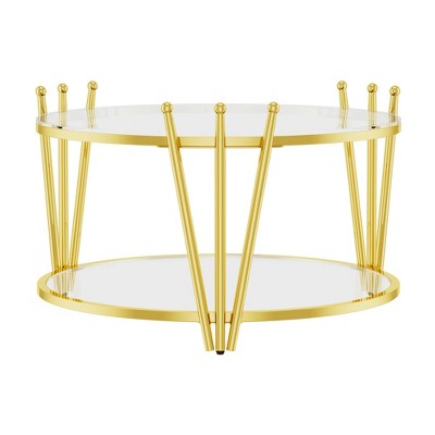 Dolonm 31.5inch Modern Luxury Gold Coffee Table,tainless Steel Leg Crown Design,31.5" x 31.5"x 17.7" ,Clear