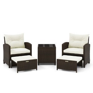 Tangkula 5 CS Rattan Furniture w/ & Tempered Glass & 2 Ottomans Coffee Table Patio - 1 of 4