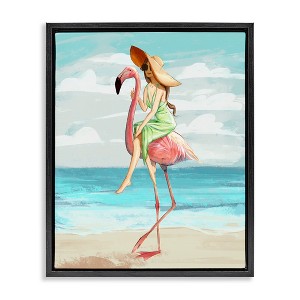Stupell Industries Beach Woman Riding Pink Flamingo Floating Frame Canvas Art, Black, 17" x 21" - 1 of 4