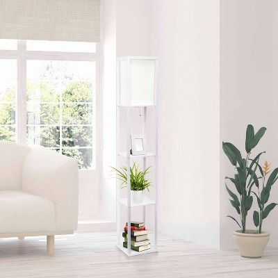 White Rectangular Shelf Floor Lamp with Linen Shade