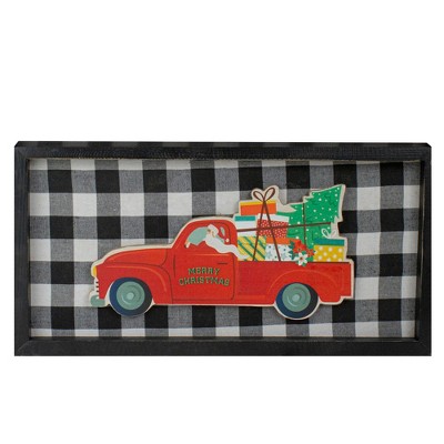 Northlight 16” Black and White Buffalo Plaid Santa Farm Truck Wooden Christmas Plaque