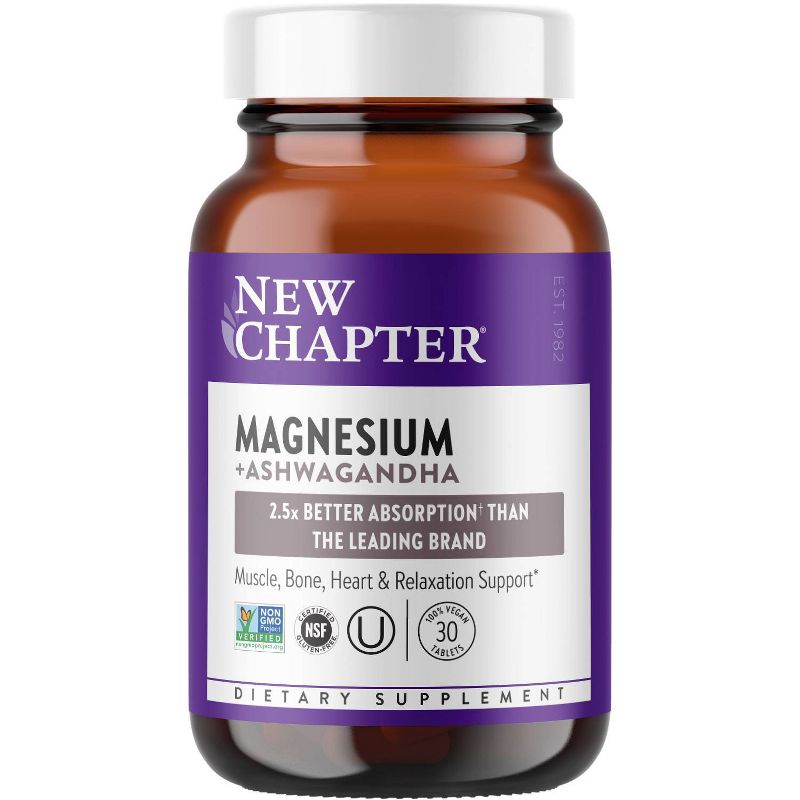 New Chapter Magnesium + Ashwagandha for Muscle &#38; Relaxation Support, 325 mg with Magnesium Glycinate, Non-GMO Vegan Tablets - 30 ct, 1 of 15