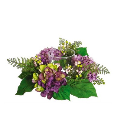Northlight 16" Decorative Artificial Purple and Green Hydrangea and Berry Hurricane Glass Candle Holder