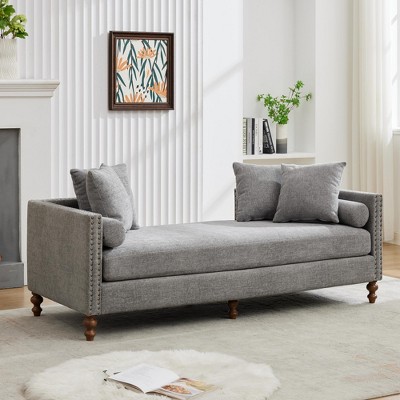 75.2''W Chenille Upholstered Chaise Lounge with Rubberwood Legs & Nailheads Armrests, Daybed With 4 Throw Pillows & 2 Bolsters - ModernLuxe