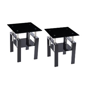 Lirago 2-Piece Tempered Black Glass Sofa Table-2-Layer Storage End Table with Modern Waterfall Edge 17.72"W * 17.72"L * 20.48"H - 1 of 4