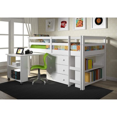 White Twin Pine Loft Bed with Storage and Desk