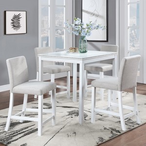 MAYEERTY 5-pc Counter Ht Set - Wood Square Table, 4 Upholstered Chairs & Crystal Deco, White - Kitchen/Dining - 1 of 4