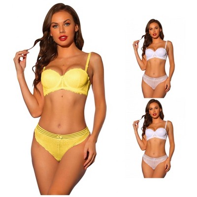 INSPIRE CHIC Women's Lace Balconette Underwire Bras Padded Bra and Panty Set 3 Packs