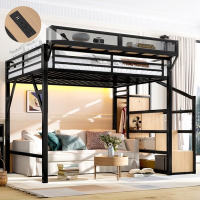 Lycvki Black Metal Loft Bed Frame with Storage Stairs, Shelves and Built-in Wardrobe