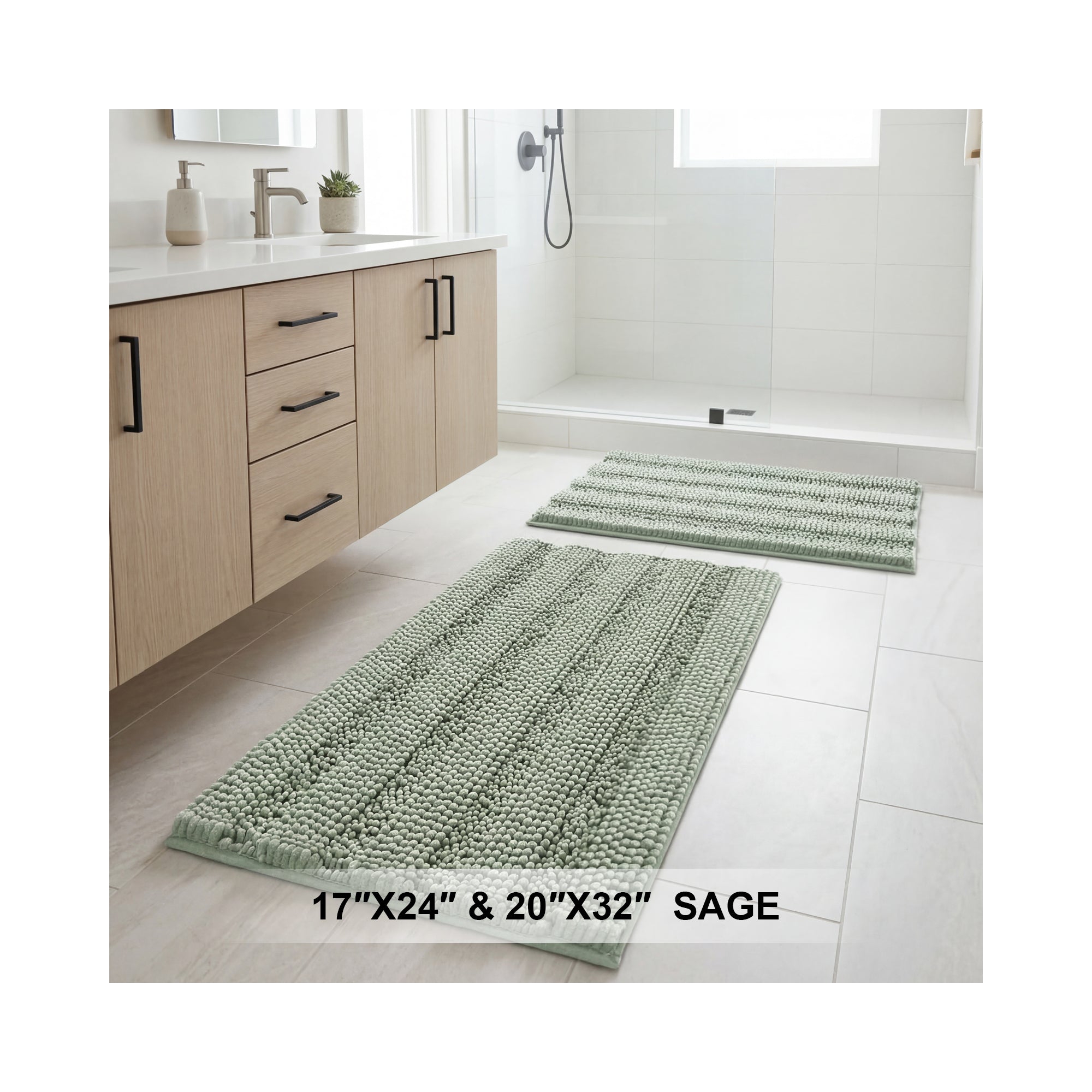 H.Versailtex 2 Pieces Extra Thick Chenille Striped Pattern Shaggy Bath Rugs Include 1 Rectangle and 1 Toilet Rug SAGE 32"x20"/24"x17"