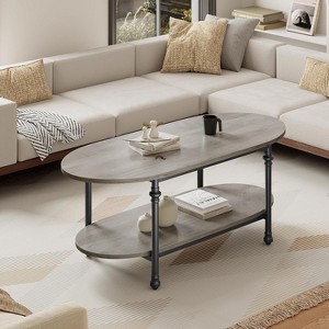 Nasitip Oval Coffee Table, 2-Tier Mid-Century Low Coffee Table with Storage Shelf for Living Room or Office, 47.2", Brown/Gray - 1 of 4