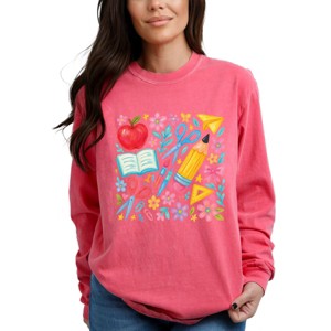 Watercolor Teacher Apple Collage - Womens Garment Dyed Long Sleeve - 1 of 3
