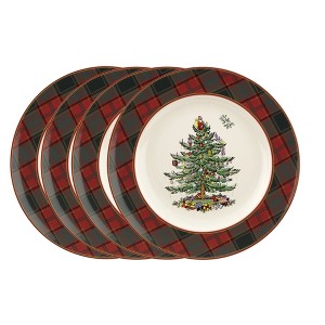 Spode Christmas Tree Tartan 10.5″ Dinner Plate, Set of 4, Fine Earthenware Holiday Tableware, Rustic Plaid Border & Iconic Christmas Tree Center - 1 of 4