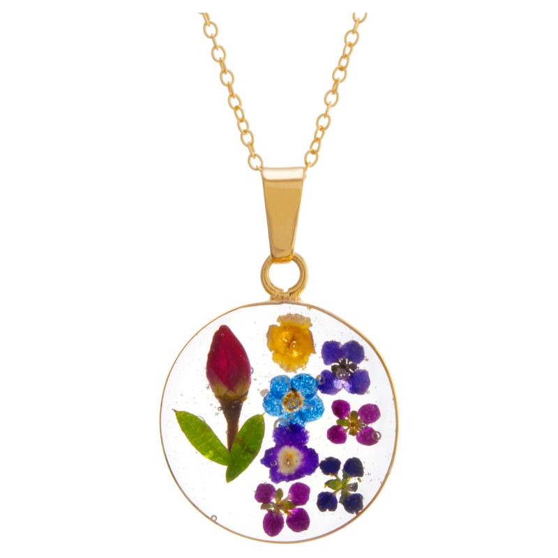 Women&#39;s Gold over Sterling Silver Pressed Flowers Circle Chain Pendant Necklace (18&#34;), 1 of 2