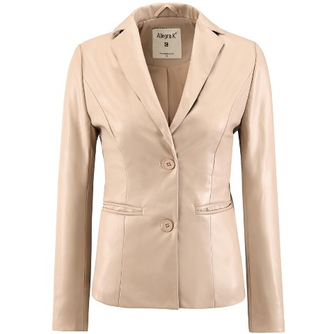 INSPIRE CHIC Women's Notched Lapel Single-Breasted Faux Leather Blazer Beige Medium