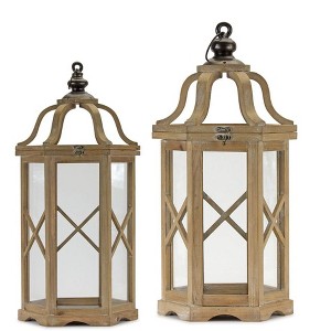 Melrose Natural Wood Hexagon Lantern (Set of 2) - 1 of 3