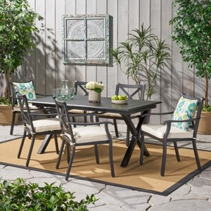 Christopher Knight Home Exuma Outdoor Cast Aluminum 7 Piece Expandable Dining Set with Cushion, Black/Ivory - 1 of 4