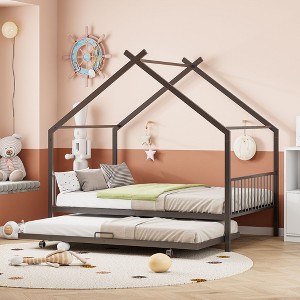 Full/Twin Size House-Shaped Metal Platform Bed Frame with Twin Size Trundle Bed/ Drawers 4S -ModernLuxe - 1 of 4
