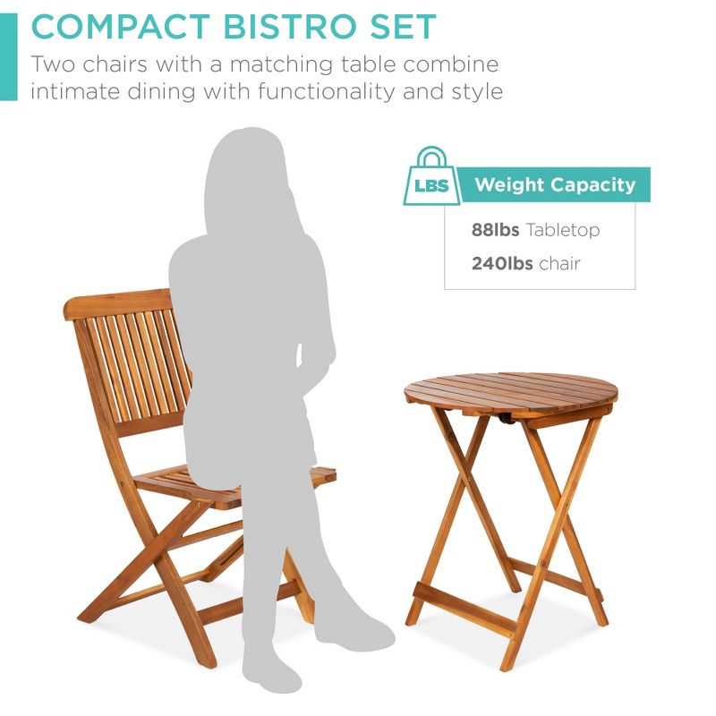Best Choice Products 3-Piece Acacia Wood Bistro Set, Folding Patio Furniture w/ 2 Chairs, Table, Teak Finish - Natural, 5 of 8