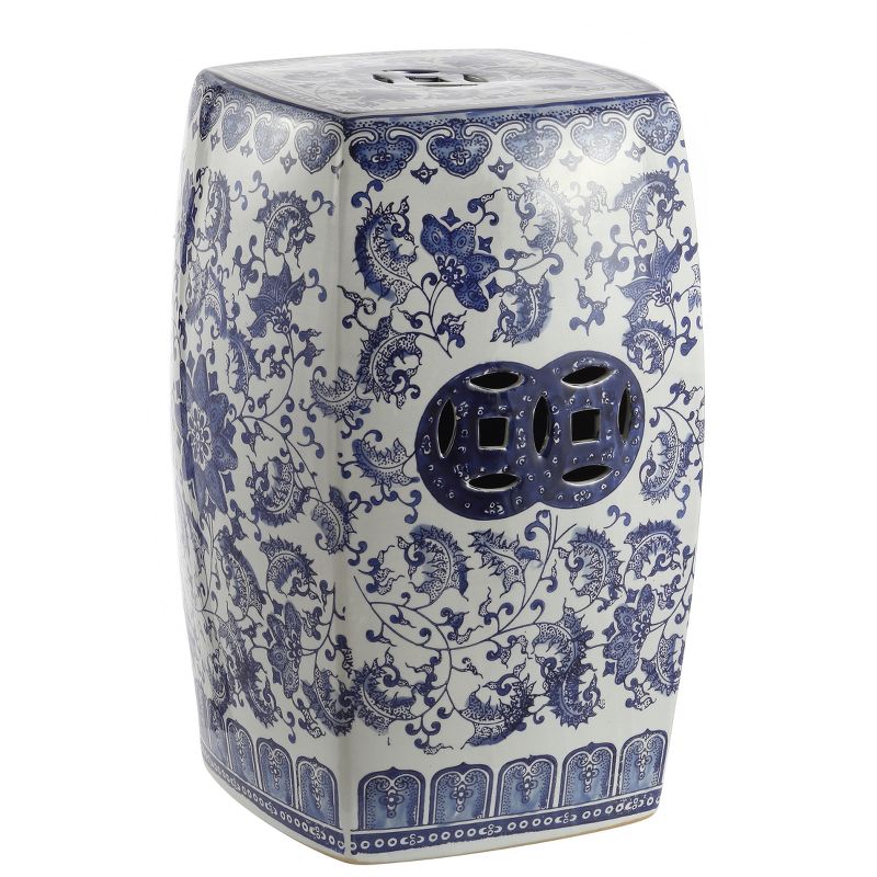 JONATHAN Y Floral Vine 18.5" Chinoiserie Ceramice Square Garden Stool, Blue/White, 1 of 7